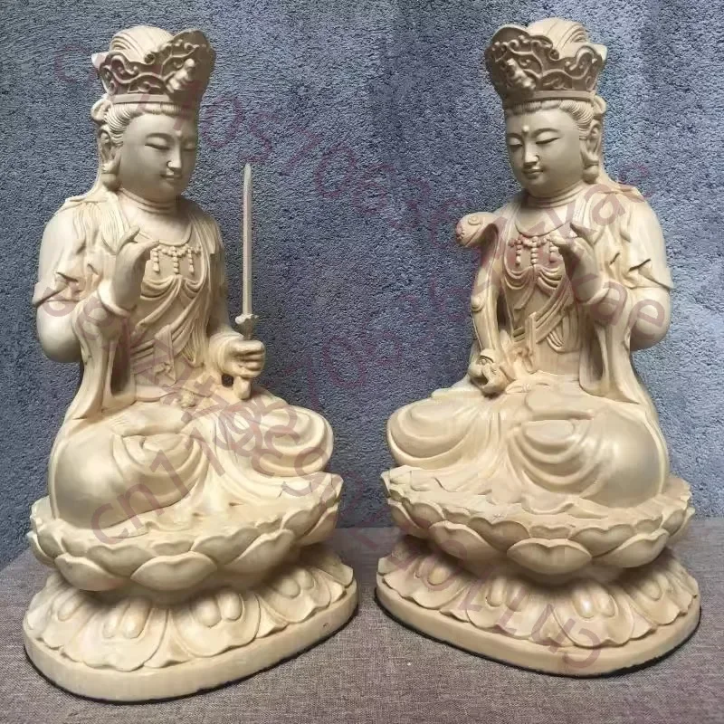 Hand Carved Hinoki Wood Seated Manjushri Samantabhadra Bodhisattva Statues Pair (Set of 2) - Spiritual Ornament Home Temple