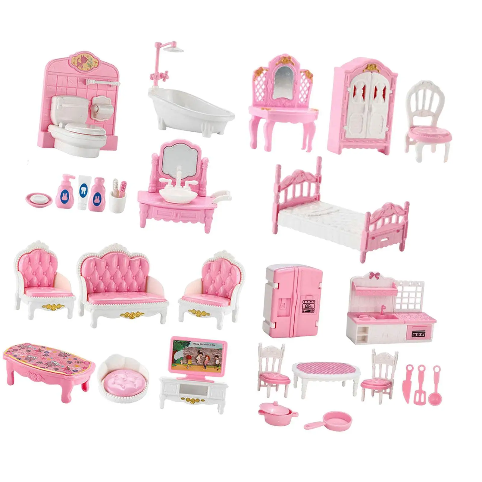 22-teiliges Mini-Hausmöbel-Set zum Spielen, Puppenhaus-Möbelset, kleine Küche, Schlafzimmer, Wohnzimmer, Badezimmer für Kleinkinder