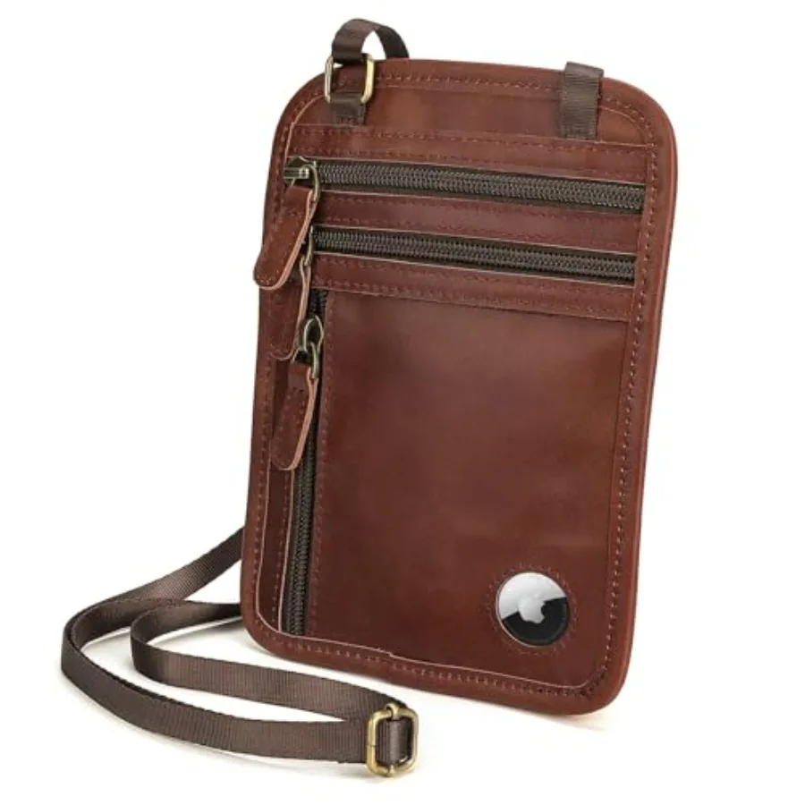 

Polare Full Grain Leather Neck Wallet RFID Blocking Conceal Passport Holder Travel Pouch with AirTag Slot for Men