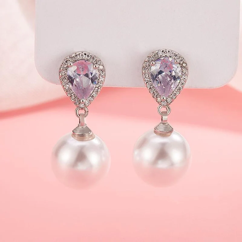 New Korean Pearl Earrings French Retro Zircon Water Droplets Earrings for Women Elegant 925 Silver Ear Jewelry KOFSAC
