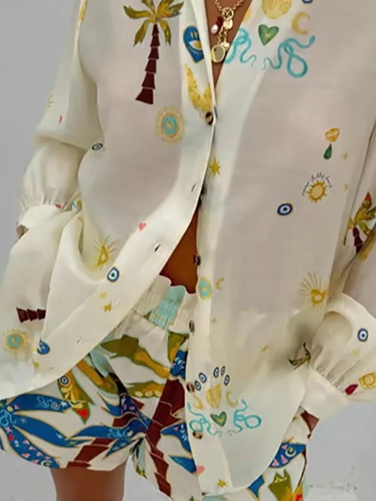 

Women Lapel Button Up Shirt and Shorts Suit 2025 Vacation Loose Outfit Spring Summer Pattern Printed Long Sleeved Two Piece Set