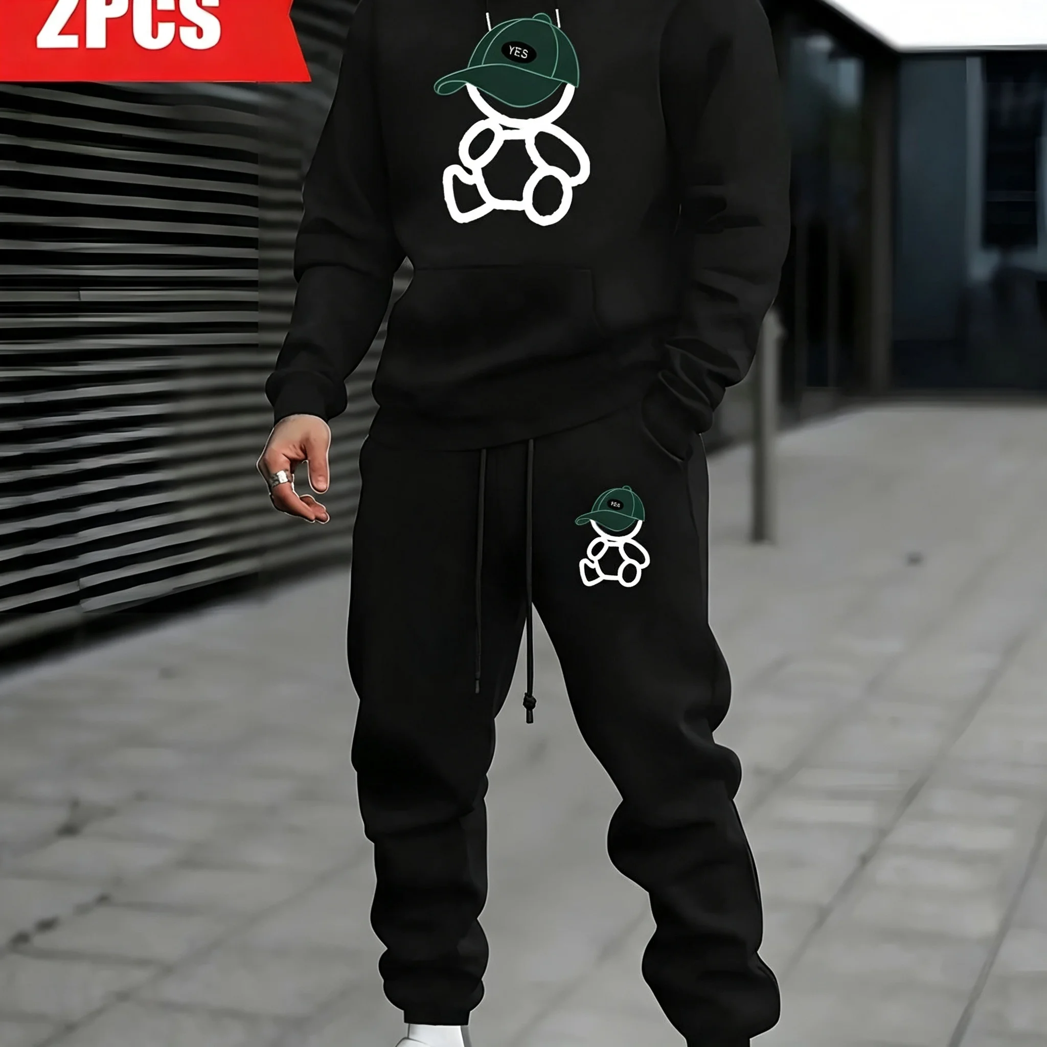 Men's Fashion Long‑Sleeve Hooded Sweatshirt & Casual Drawstring Pocket Jogger Pants, 2‑Piece Outfit Set for Autumn Winter