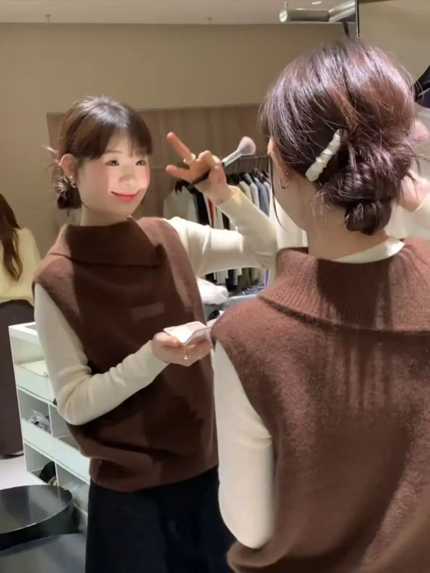 

Корейский ретро высокий вязаный жилет ort Sle, женский модный ленивый осенне-зимний свитер, многослойный топ, модный свитер для поездок на работу