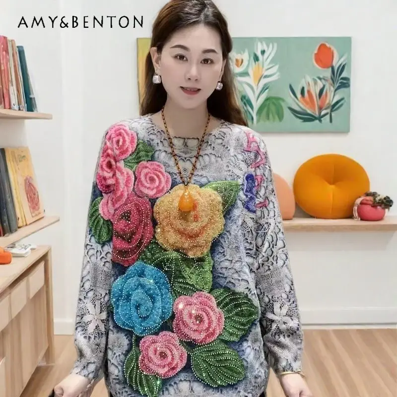 

Autumn Winter New Crew Neck Knitwear Fashionable Stylish Pullover Loose Fit Printed Rhinestone Knitted Sweater Women's Outerwear