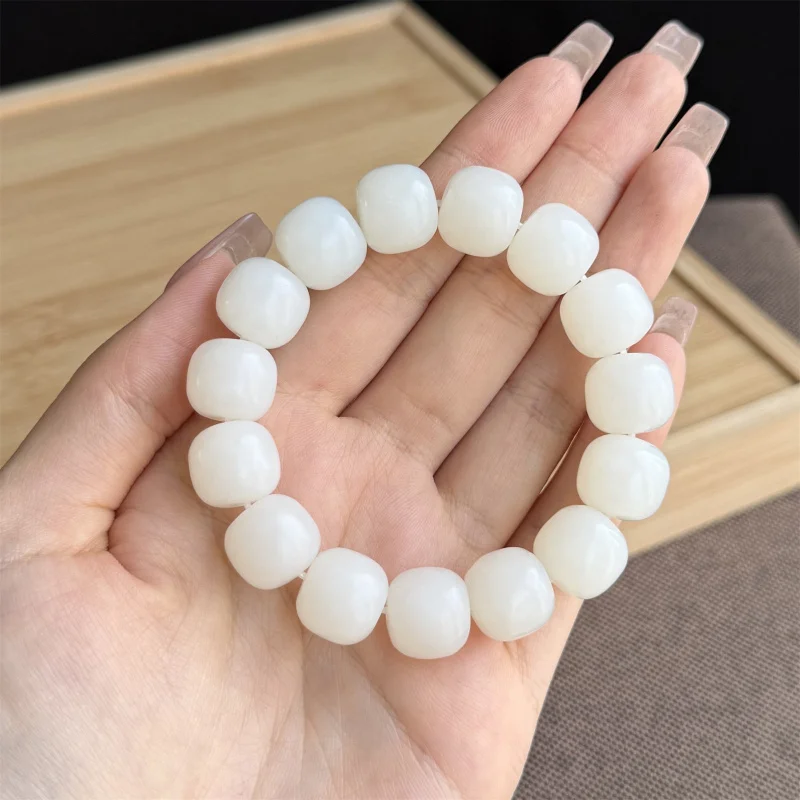 Natural Hetian Sheep Fat White Jade Bracelet 13*14Mm Old Type Bead Russian Material