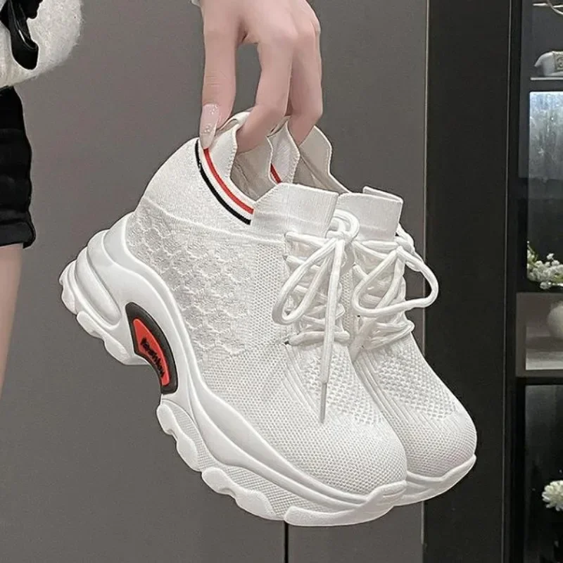 

8CM 2024 New Women Spring Shoes New Sock Sneakers Platform Wedge Heel Dad Shoes Chunky Sneakers Pumps Breathable Comfy Shoes