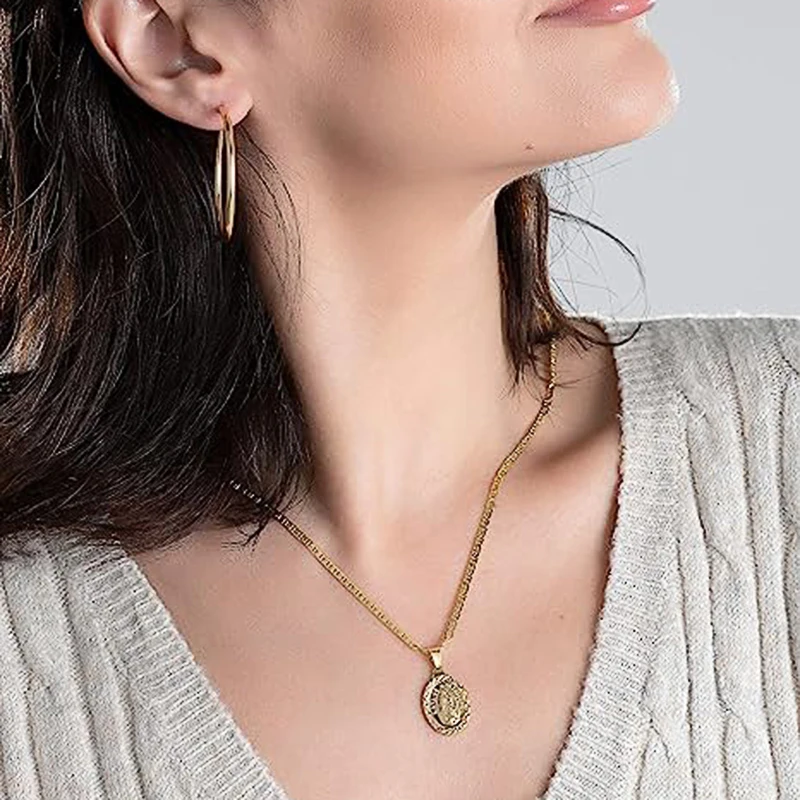 Huitan Catholic Virgin Mary Statue Pendant Necklace for Women Metal Gold Color/Silver Color Christian Necklace Statement Jewelry