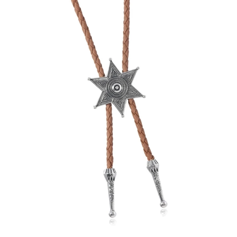 Rodeos Bolo Tie with Metal Hexagram Star Pendant Braided Leather Cord Adjustable Chain Necktie Western Jewelry Necklace D5QB