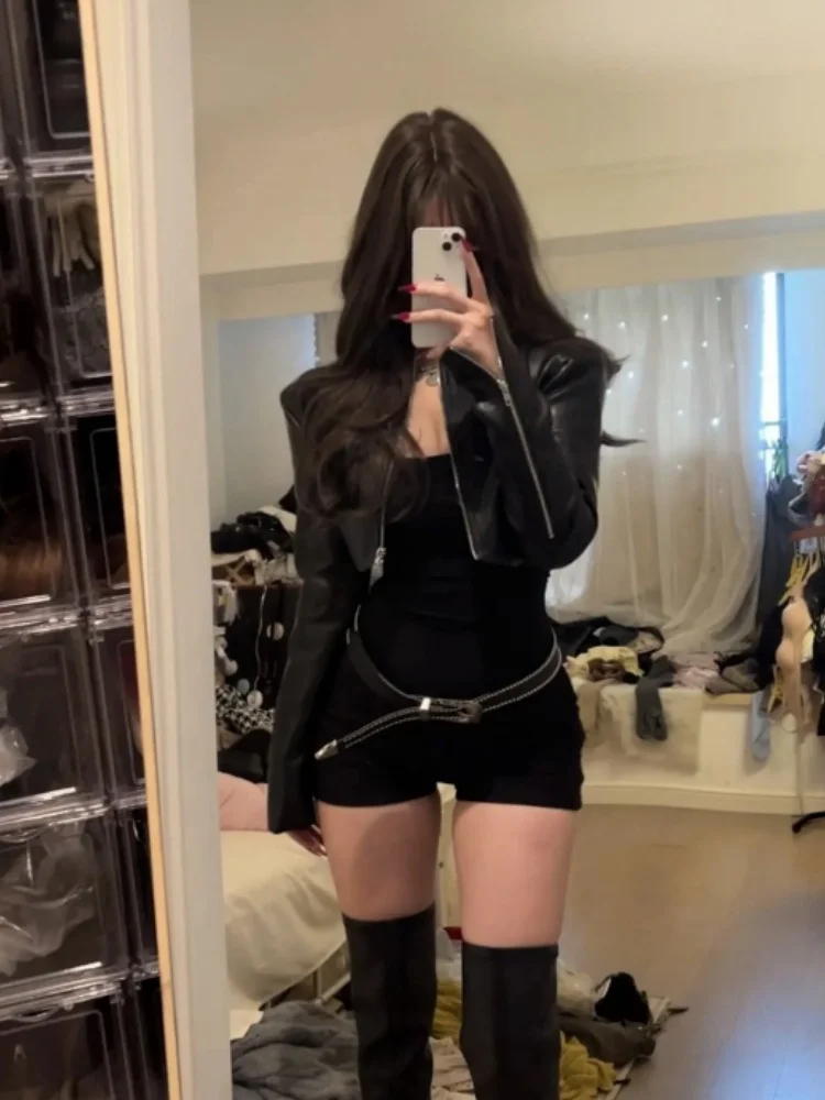 

Sexy Sister Sle ort Leather Jaet And Slimming One-Piece Pants Women's Faion Set High Waist Design Slimming Effect