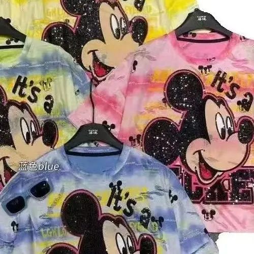 

Dophee Trendy Tie-dye Hot Drilling Mickey Loose Short Sleeve Tees Women New Spring Summer Sweet T-shirt O-neck Students Tops
