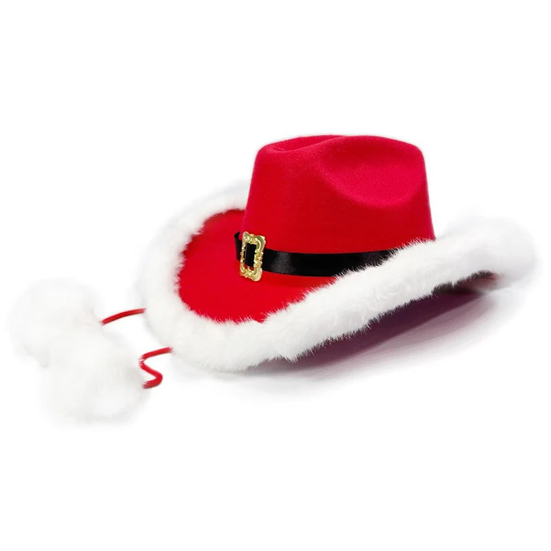Chapéu de cowboy para festa de natal, acessórios confortáveis para fantasia, aba larga, chapéu de cowgirl, bola de pelúcia, cordas, chapéus ocidentais