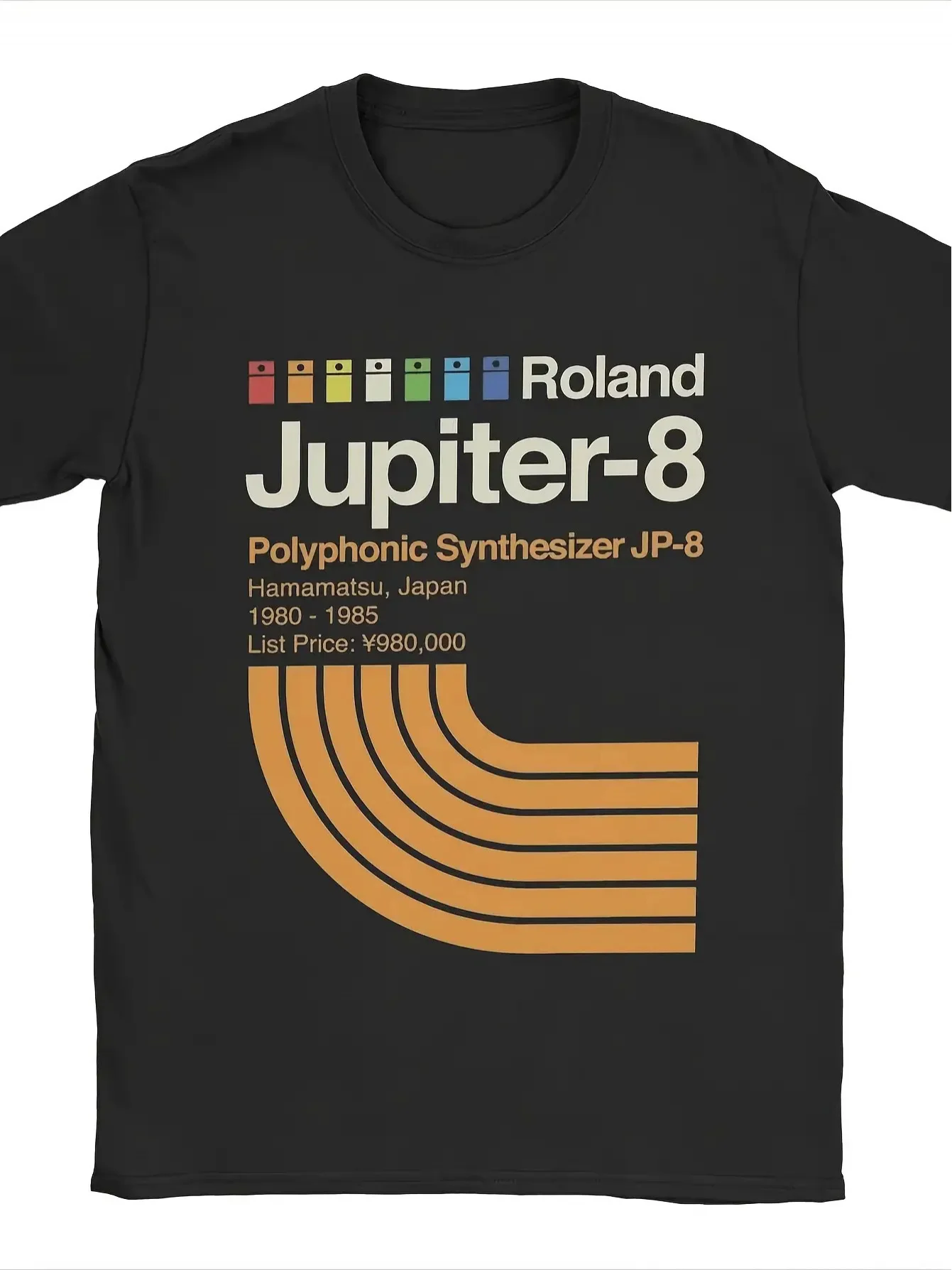 Camiseta para Hombre con Diseño del Sintetizador Roland Jupiter-8, Estilo Retro de los 80, Diseño Icónico de Tecnología Musical, Sintetizador Polifónico, Transpirable, Negra