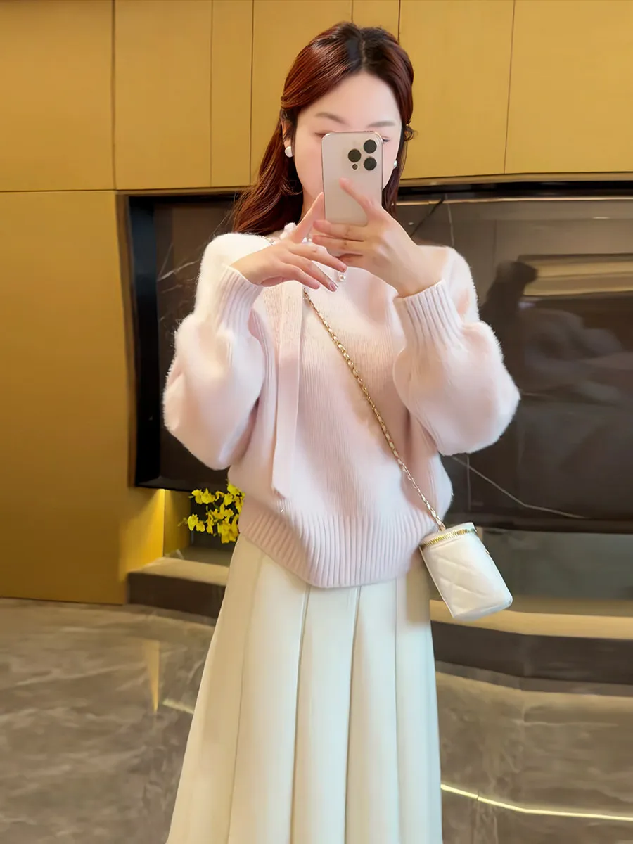 Koreanische Sle Loose Fit runde Ne Pullover frauen Rosa Strickwaren mit 3D Blumen Dekoration Und Sa Frühling Herbst Winter