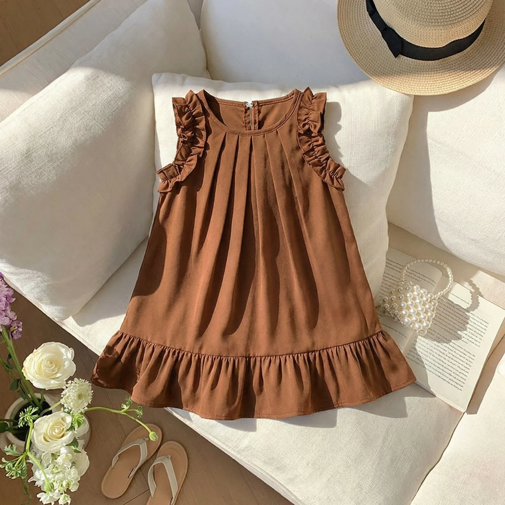 Korean Version Summer New 2-7-year-old Girls' Casual Clothes Khaki Round Neck Sleeveless Pleated Dress