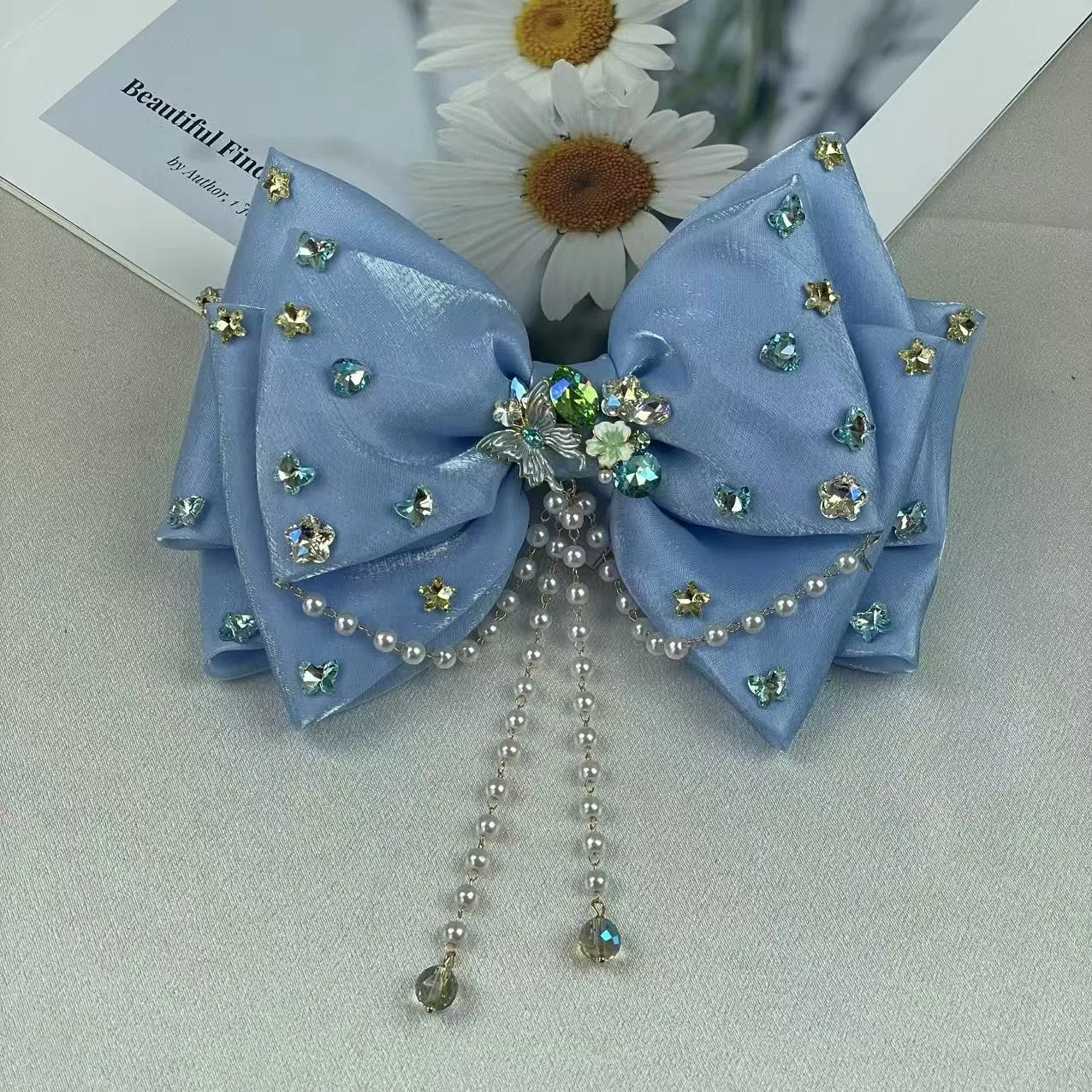 

Сверхмощный сверхказный атласный бант из органзы с кисточками со стразами, пружинный зажим, аксессуар для волос