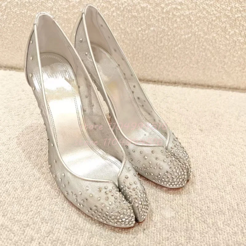 Split Toe Mesh Rhinestone Stiletto Pumps Women Diamond Studded Shallow Solid Thin Heels Lady Elegant Party Wedding Single Shoes