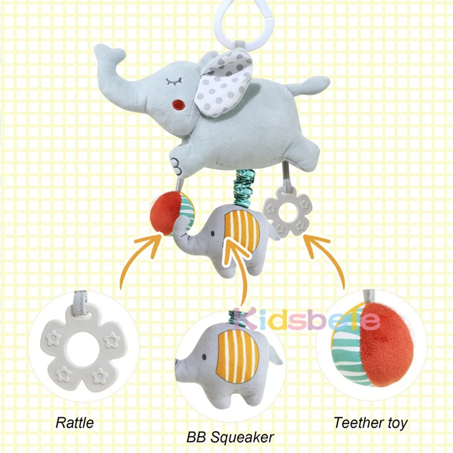 ガラガラとカサカサ音がするベビーカー用吊り下げおもちゃ、ベビーベッド、カーシート、感覚発達のための柔らかいぬいぐるみ象のアクティビティおもちゃ