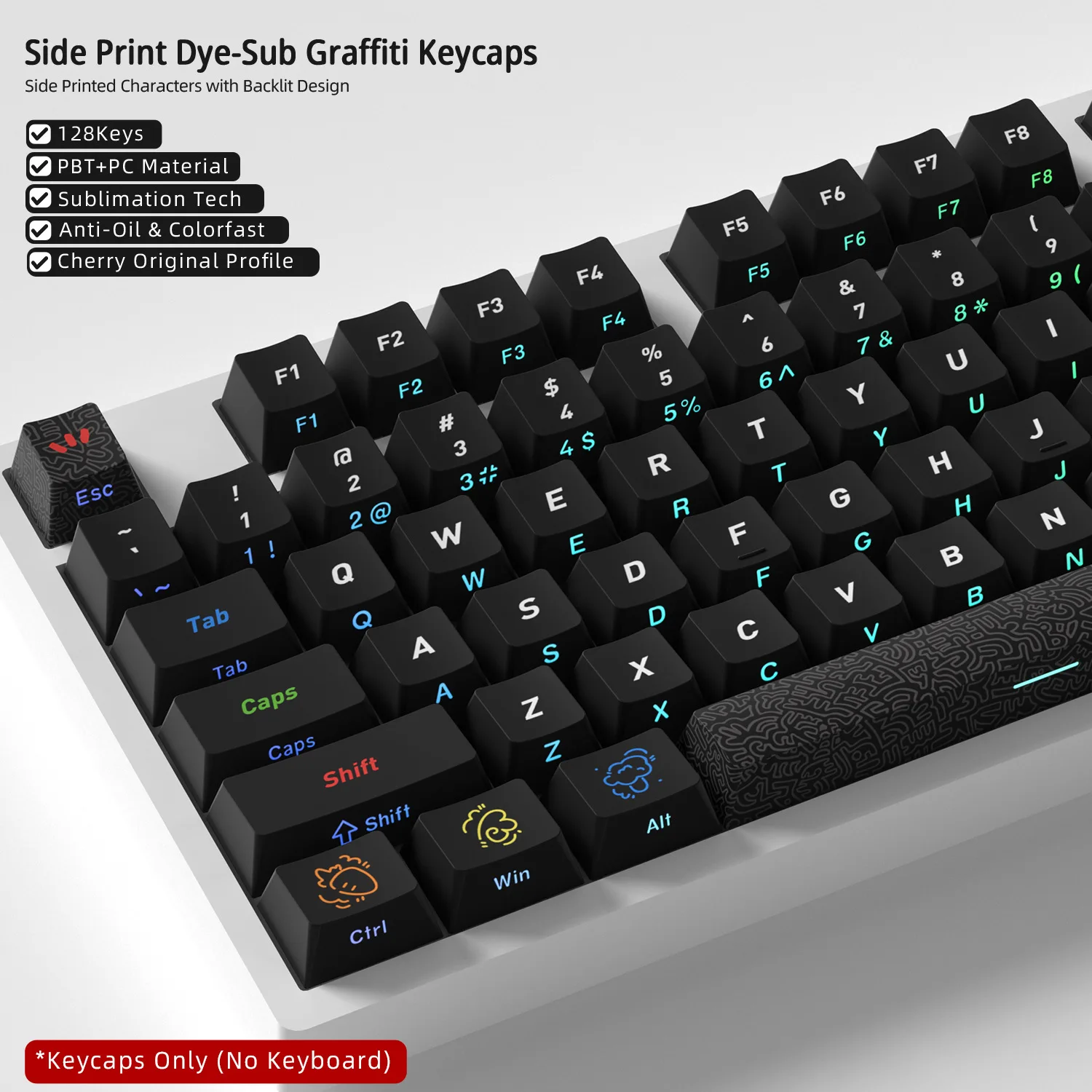 

[Original 128-key side engraving light-transmitting graffiti theme] Mechanical keyboard keycap five-sided PBT hot sublimation sm