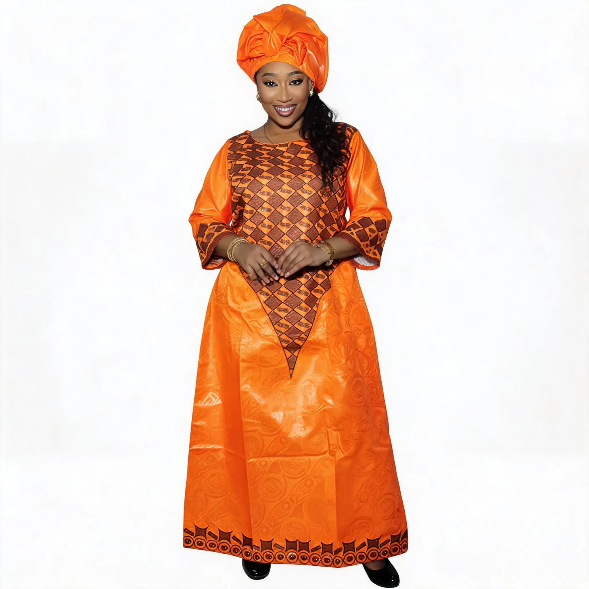 African Dresses For Women Plus Size Bazin Riche Embroidery Design Long Dress With Scarf