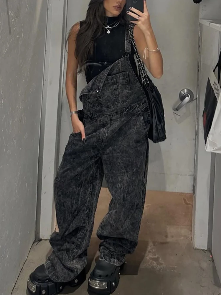 The New Streetwear Brand Aged Washed Shoulder Strap Denim Wide-leg Pants Are Stylish, High-end and Loose for Women