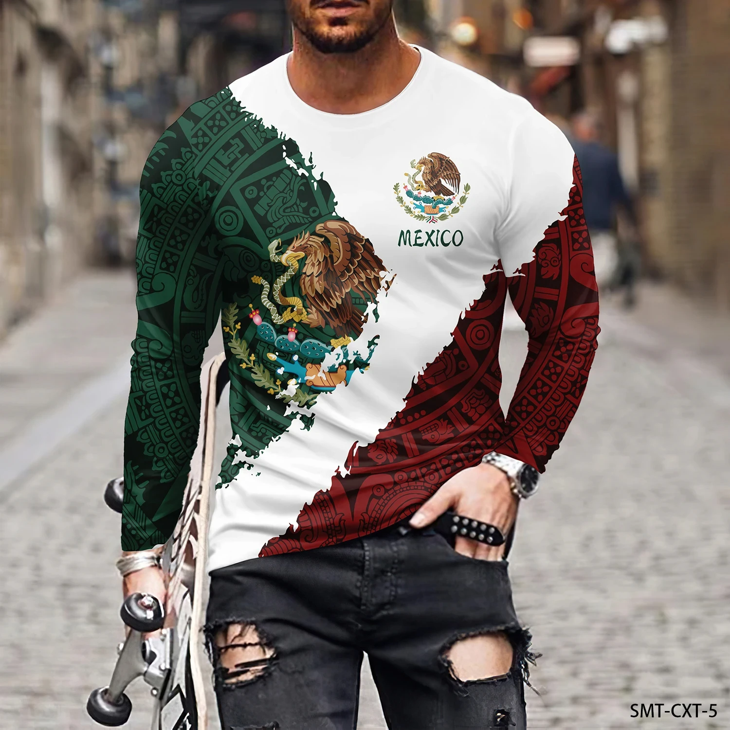 Mexican pattern 3D printed men's round neck T-shirt Casual long sleeve plus size pullover Fashion trend plus size men's clothing