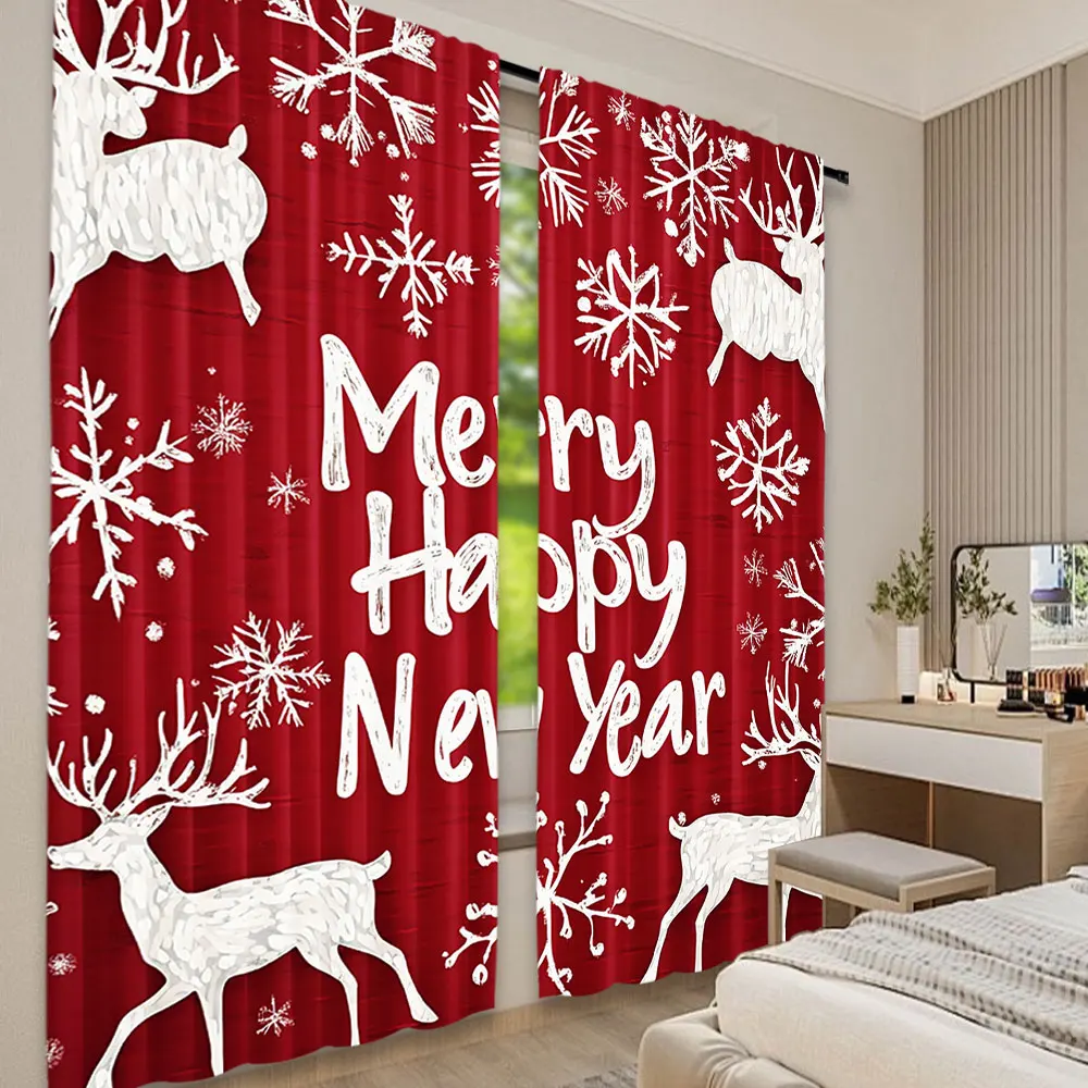 

2Pcs Christmas Curtains Deer Curtains Red Curtains Snowflakes Suitable For Living Room Bedroom Kitchen And Bathroom