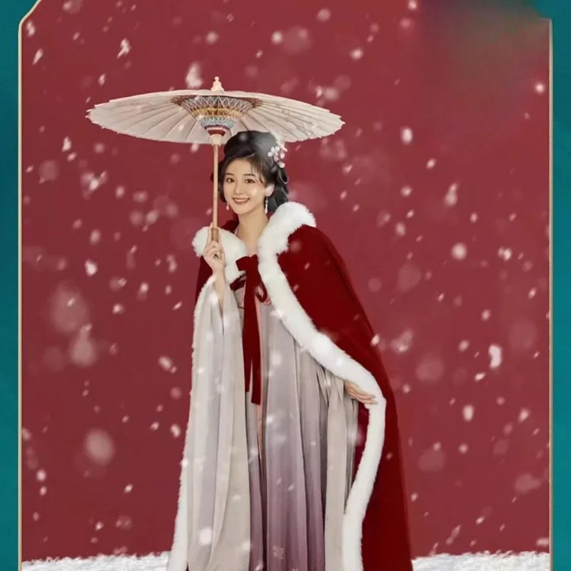 

Женская накидка Hanfu с капюшоном в китайском стиле, оригинальная зимняя новая стильная утолщенная флисовая накидка с блестками, супер этичная теплая новогодняя накидка