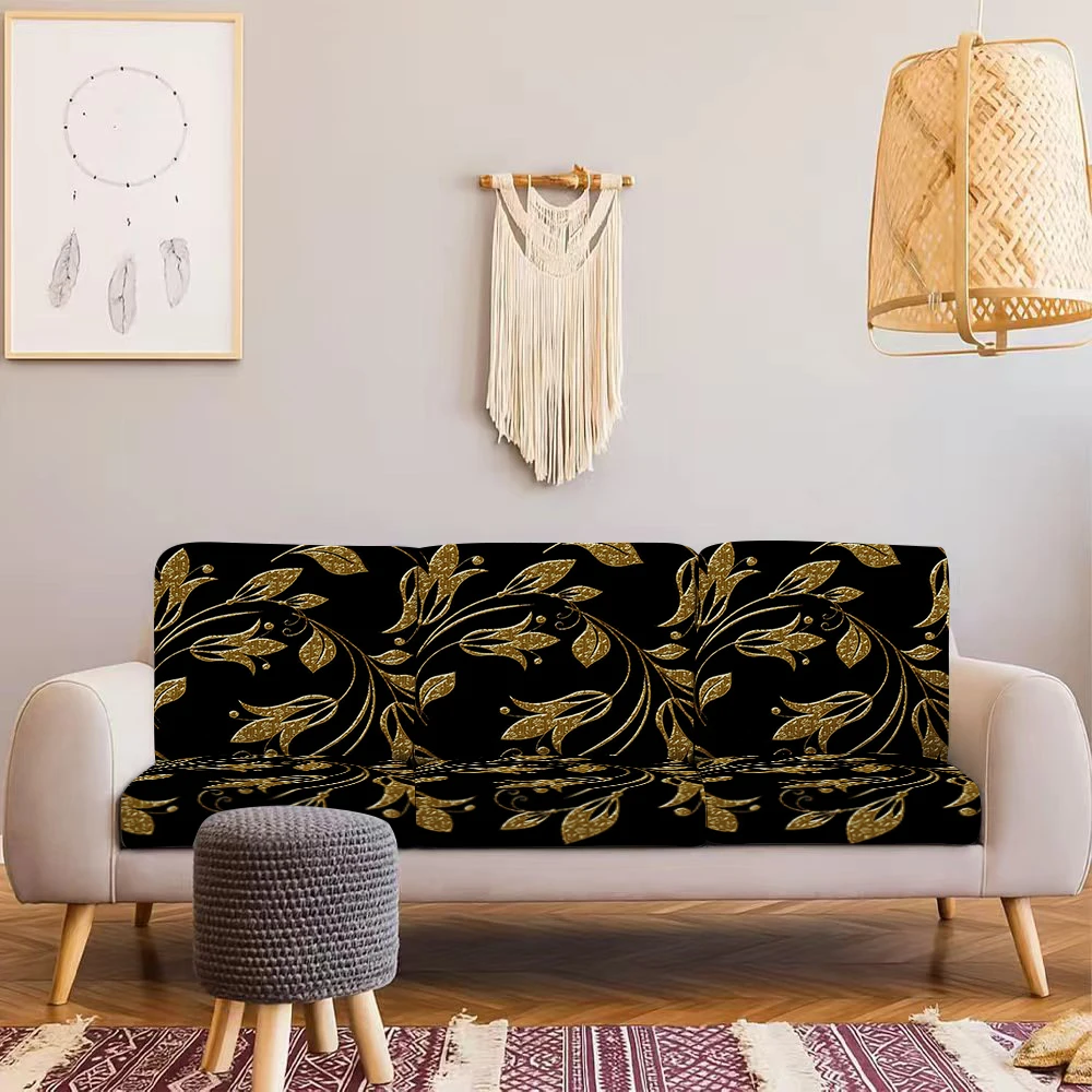 Summer Outdoor Sofa Cover, Luxurious Golden Floral & Leaf Print Elastic Couch Slipcover, Milk Silk Fabric, P