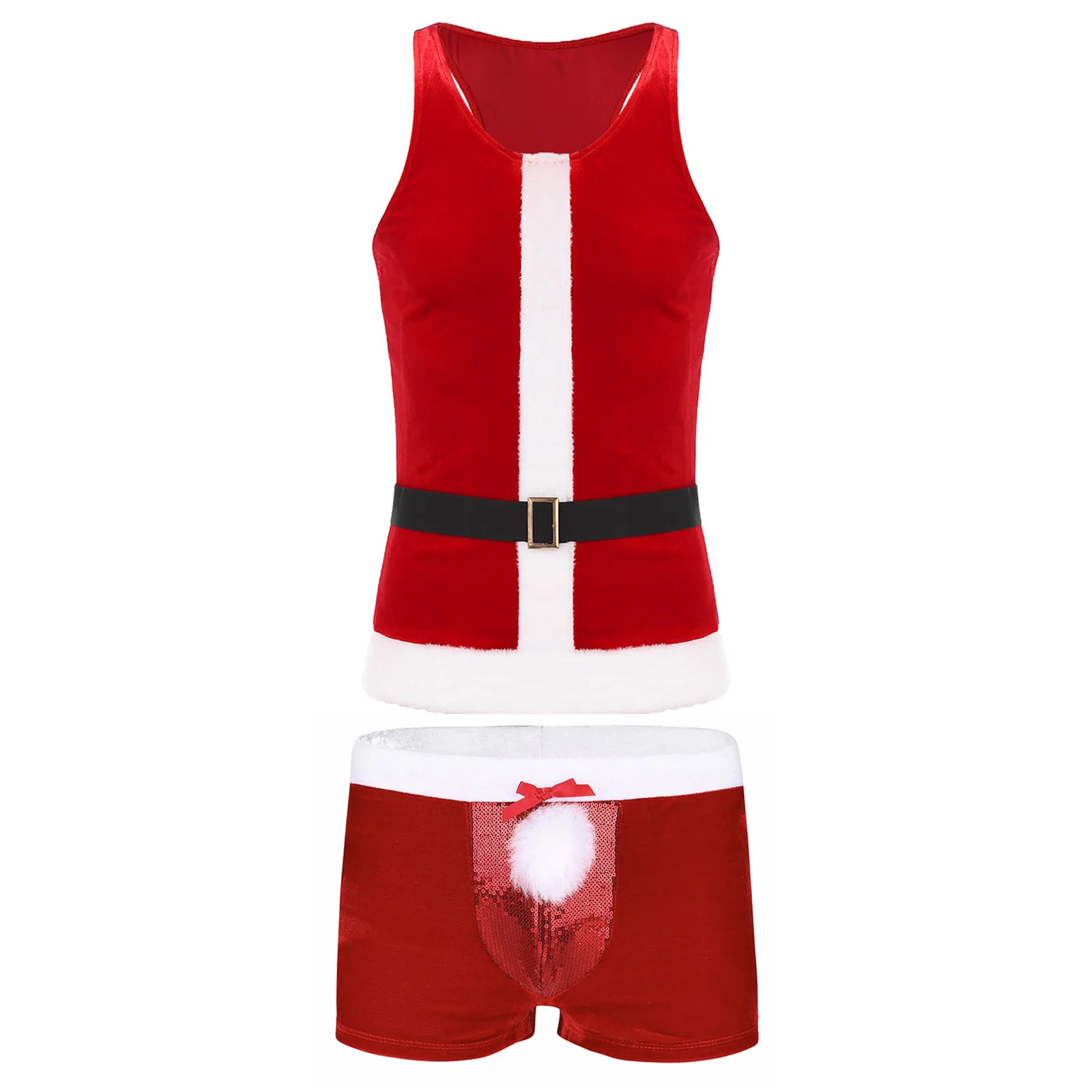 Conjunto de disfraz de Cosplay de la señora Santa Claus de Navidad para hombre, Tops cortos sin mangas, chaleco con pantalones cortos bóxer, trajes de fiesta de juego de rol de Navidad