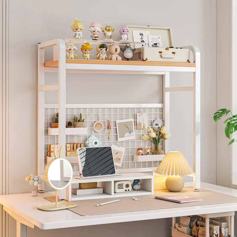Grid Desktop Bookshelf Multi-tiered Bookshelf Wrought Iron Shelf Student Computer Desk Table with Holes Wooden Shelf