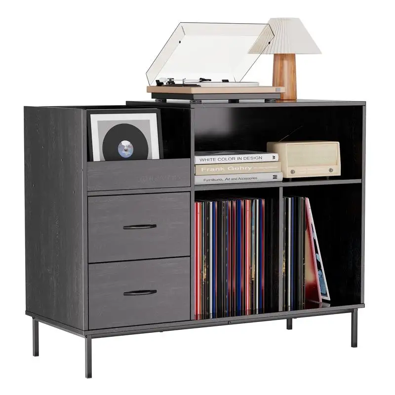 

Record Player Stand with Power Outlet and Flip-Down Lid, Turntable Table with Storage for 300+ Vinyl Records, Black Wood Grain
