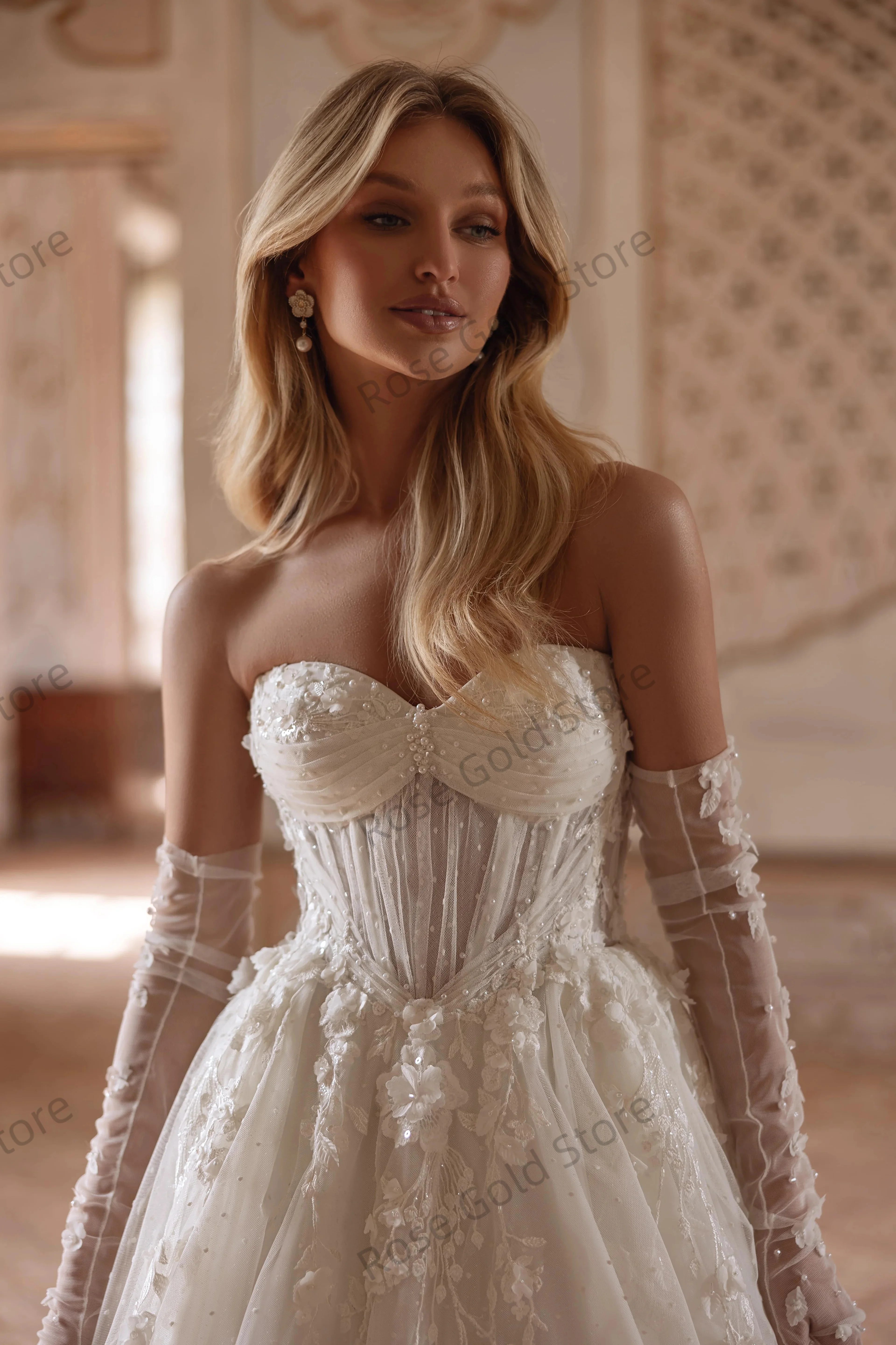 Gaun Pengantin Putih Bohemian Gaun Pengantin Applique Bunga 3D Sweetheart A Line Manik-manik Berpayet Disesuaikan Vestido De Novia