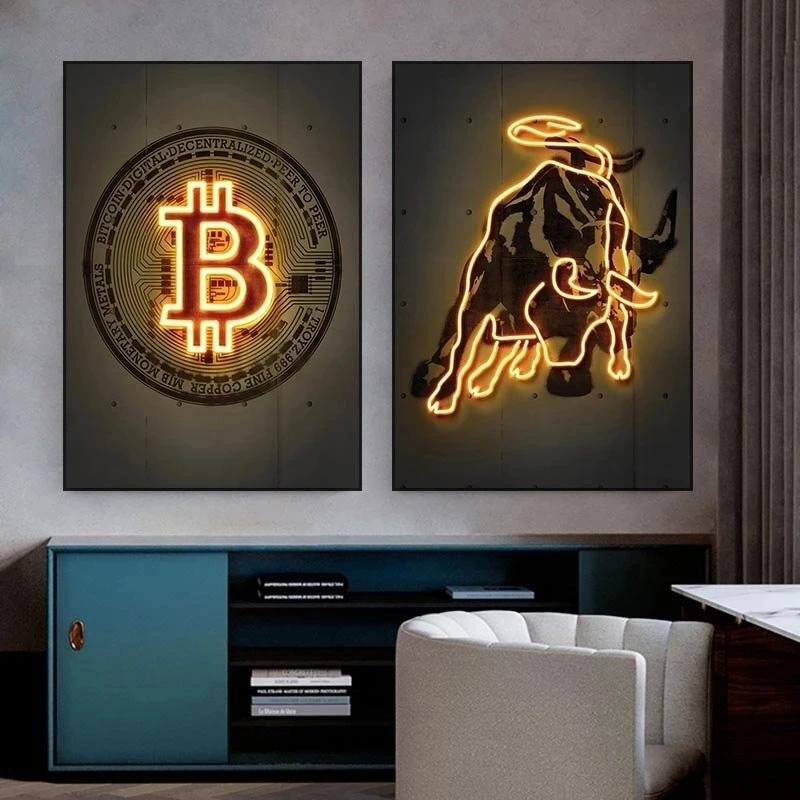 

Neon Bitcoin Bull Crypto Gold Wall Art Canvas Painting Cattle Poster and Print Picture Home Decoration for Living Room Decor