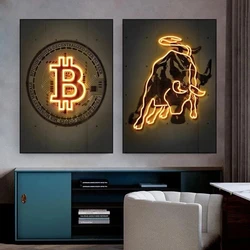 Neon Bitcoin Bull Crypto Gold Wall Art Canvas Painting Cattle Poster and Print Picture Home Decoration for Living Room Decor