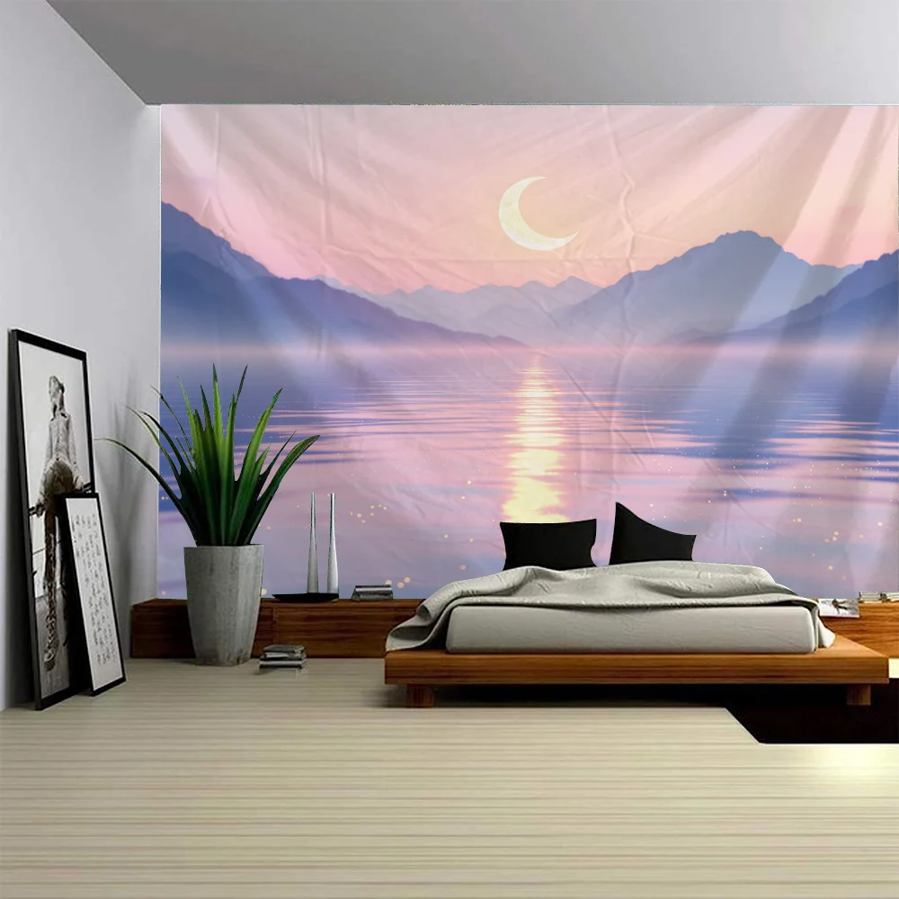 

Landscape oil painting tapestry, stars, moon, night sky wall decoration, background cloth, bedroom and living room wall hanging
