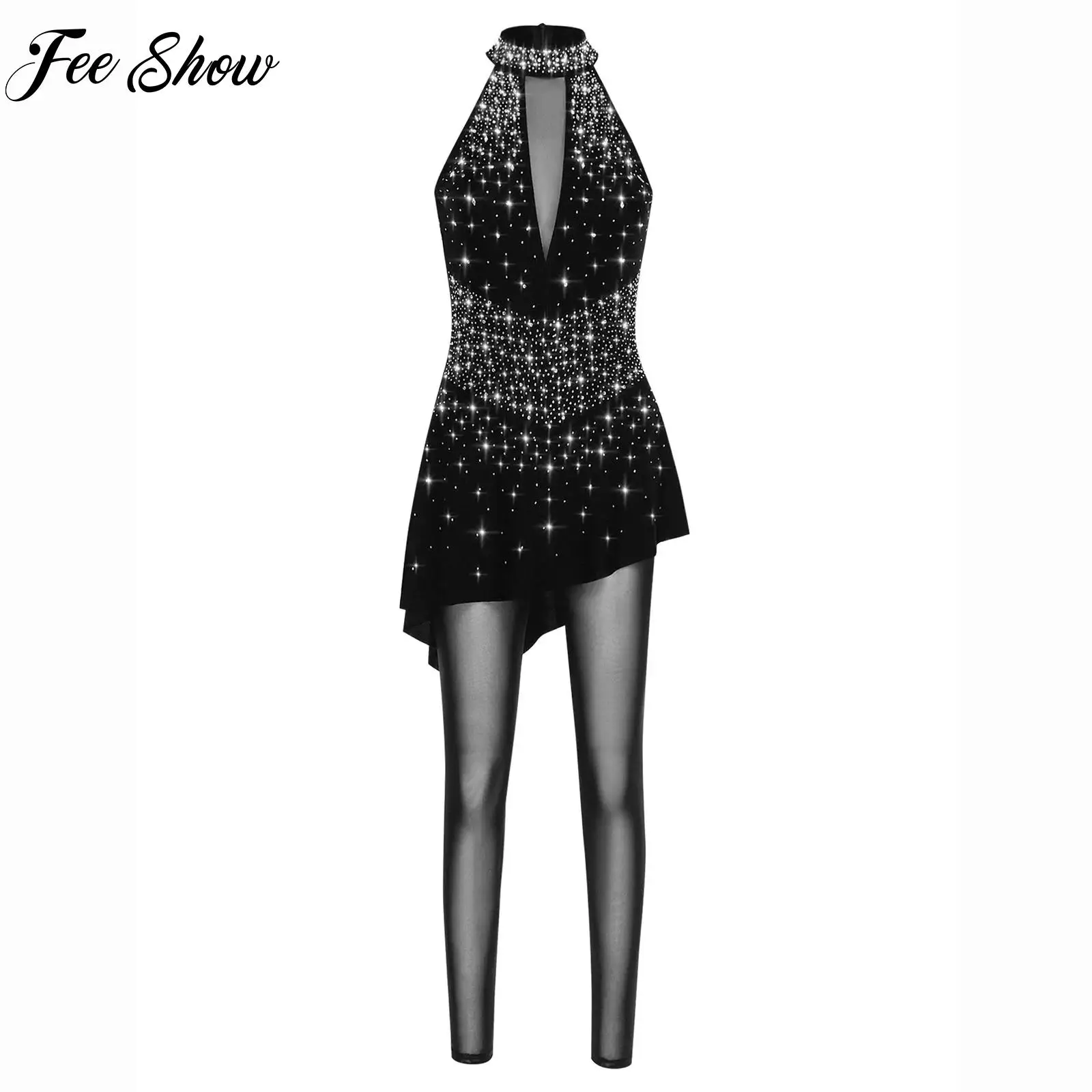 

Shiny Rhinestones Ice Skating Gymnastics Costume for Women Sleeveless Irregular Skirted Jumpsuit for Ballet Lyrical Modern Dance