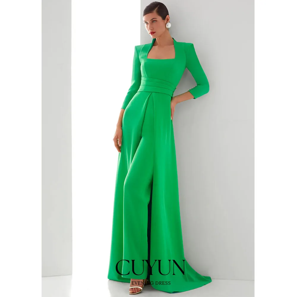 

CUYUN Customized Party Dress Modern Green Pleat Long Sleeves Prom A-line Elegant Long Dresses Women's Evening Gowns with Buttons