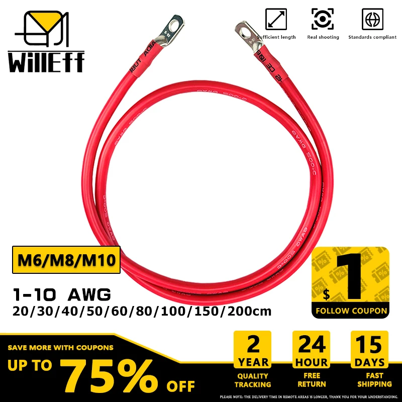 

Super Soft Red Terminal wire Silicone Car Battery Cable With M6 M8 M10 Ring Lug For Inverter Connection 1 2 4 5 6 7 8 9 10 AWG