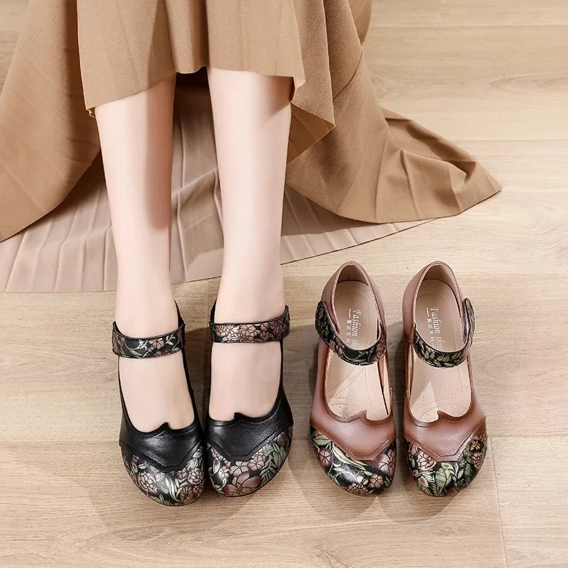 New National Wind Woman Shoes Hand-Made Leather Single Shoes Retro Thick-Heeled Cowhide Lazy Shoes Women’s