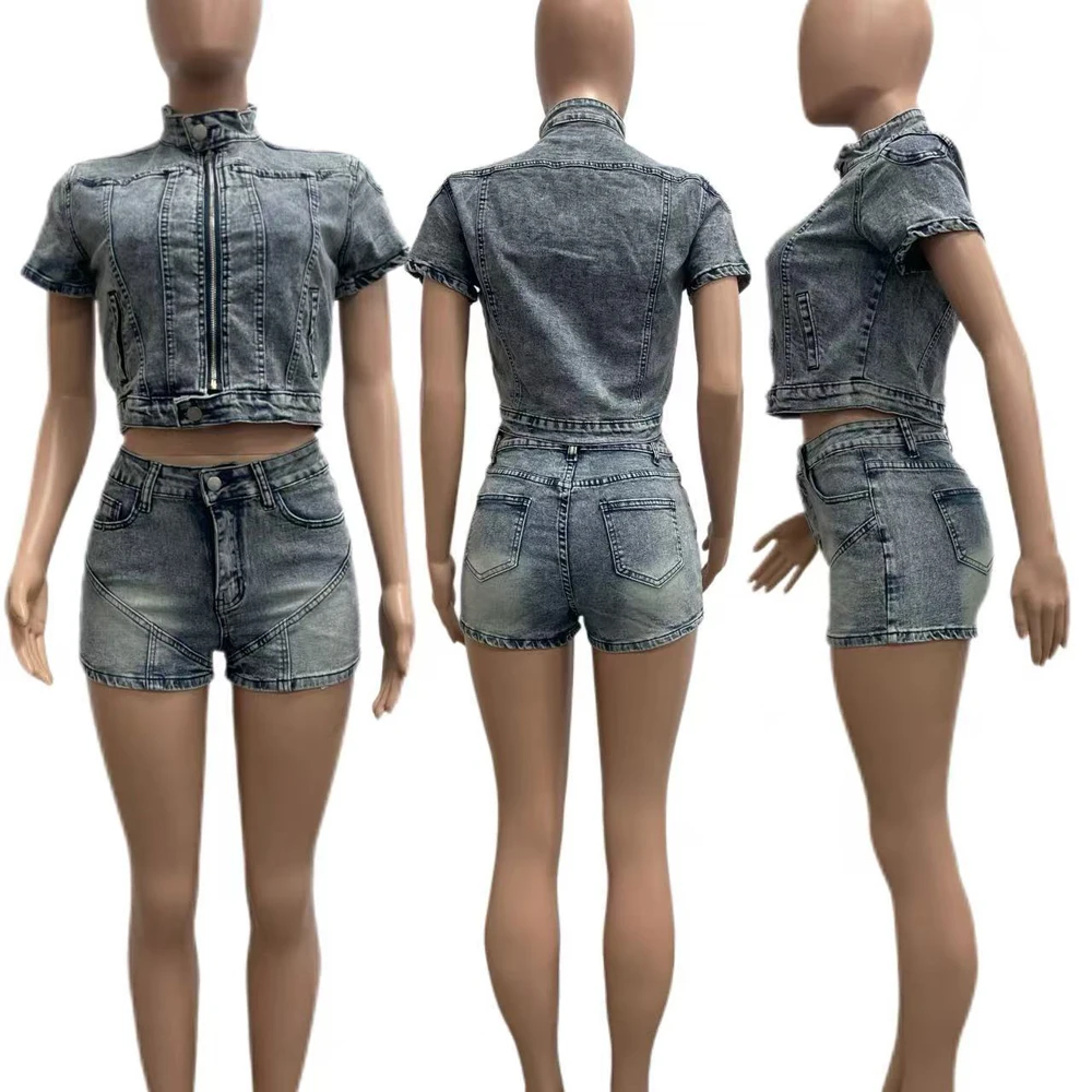 Modische Gewaschene Stretch-Denim-Motorradjacke und Shorts 2-Teiliges Set für Sommer 2026 Damen Lässige Jeans-Outfits Zweiteiler – Detail 7