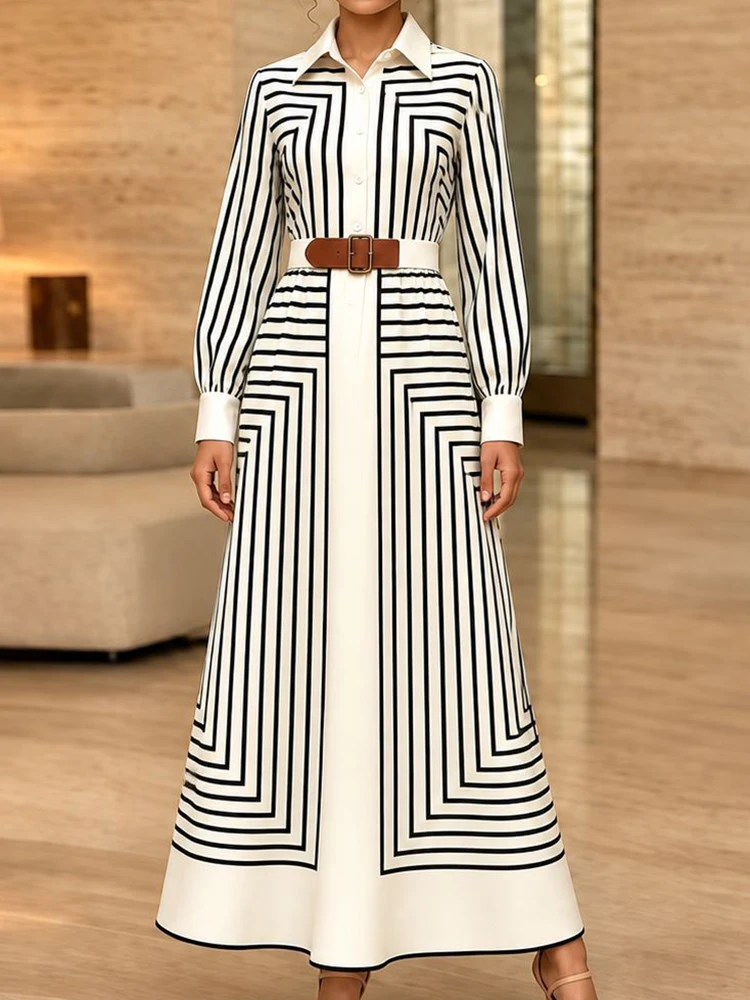 Long Sleeve Party Dress Buttons Simple Printing Fashion Ladies Dress Autumn Women's Elegant Turn Down Collar Maxi Dress Vestido - view 5