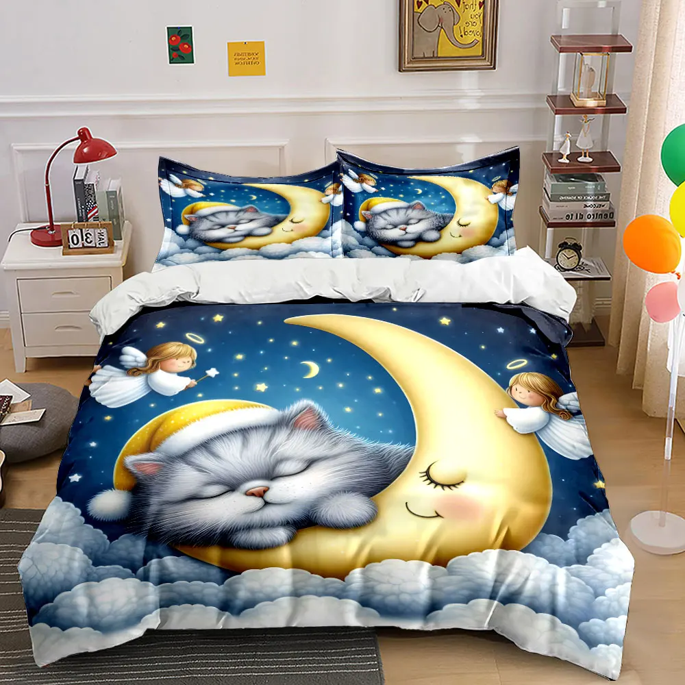 

Dreamy Cat Sleeps on Moon Print Bedding Set 1 Duvet Cover 2 Pillowcases for Adult and Children Luxury Gift Full Size