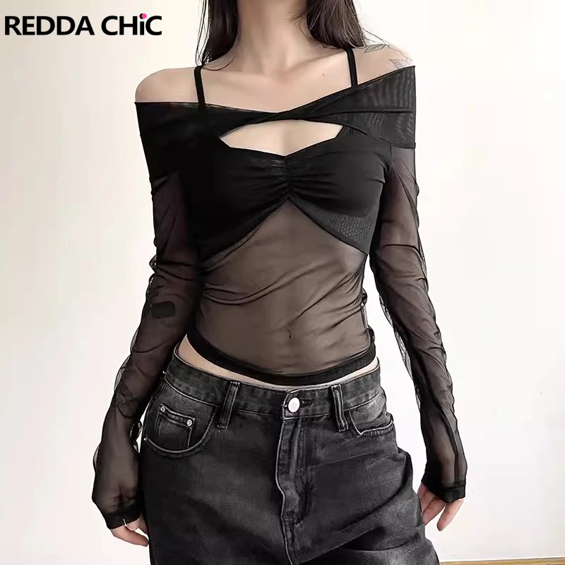 

REDDACHiC Sheer Mesh Long Sleeves T-shirt Women Retro Black Hollow-out V-Neck Patchwork Off-shoulder Smocked Top Night Clubwear