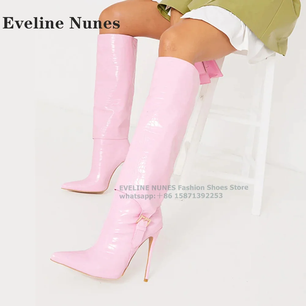 Pink Croc-Effect Buckle Strap Sexy Knee High Boots Pointed Toe Stiletto Patchwork Pull On Big Size Women Western Boots Newest