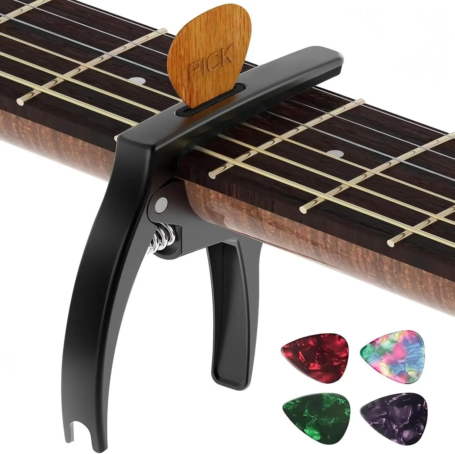 

3-in-1 Zinc Metal Guitar Capo with Pick Holder & 4 Picks for Acoustic, Electric Guitars, Ukulele