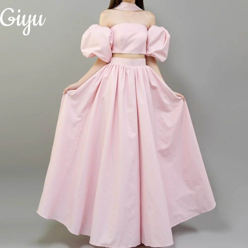 

Giyu Elegant A-line Pink 2Pcs Off-Shoulder Wedding Party Dress Shawl Pleat Korea Photoshoot Customized Short Sleeves Prom Gown