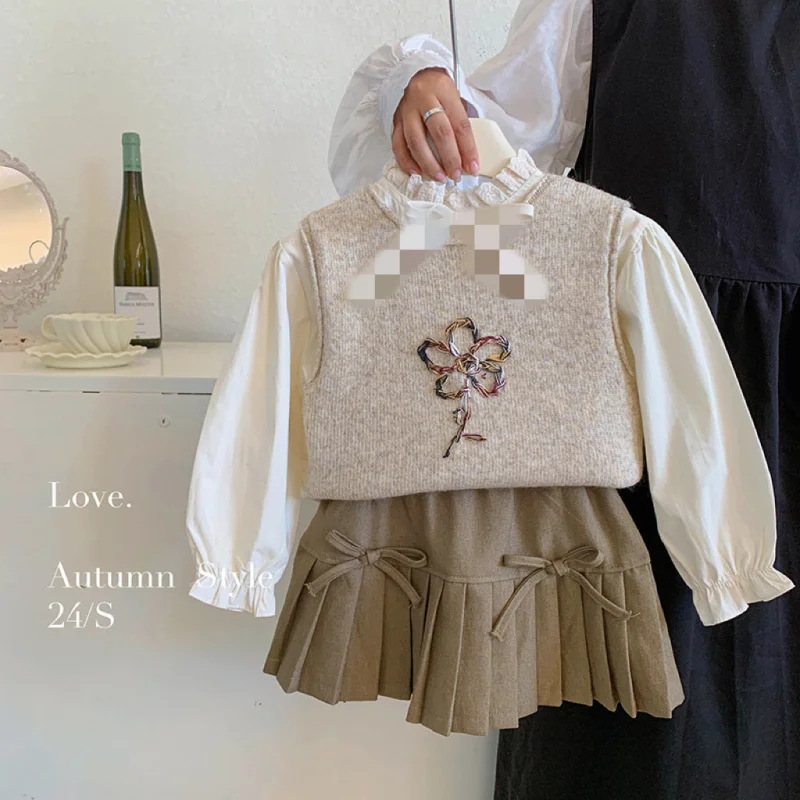 Korean Style Girls' Wooden Ear Doll Shirt2024Autumn New Embroidered Vest Skirt