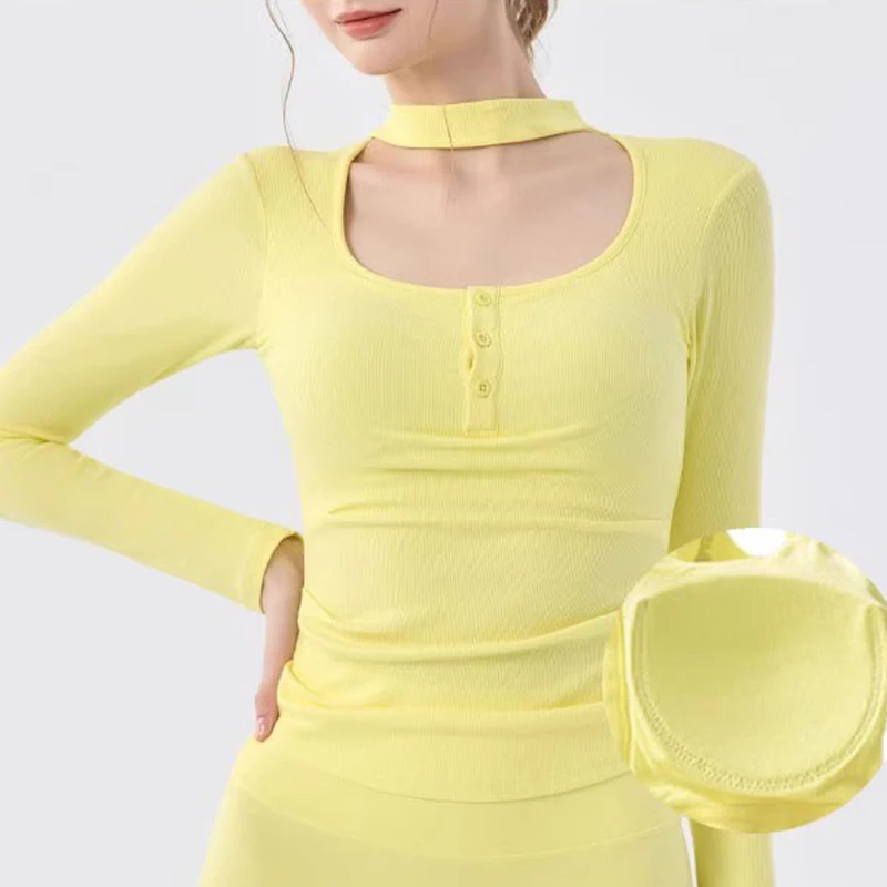 

Women's Slim Fit Long Sleeve Yoga Fitness Top Autumn New Style Neck Loop Hollow Design Professional Sports Top for Slimming