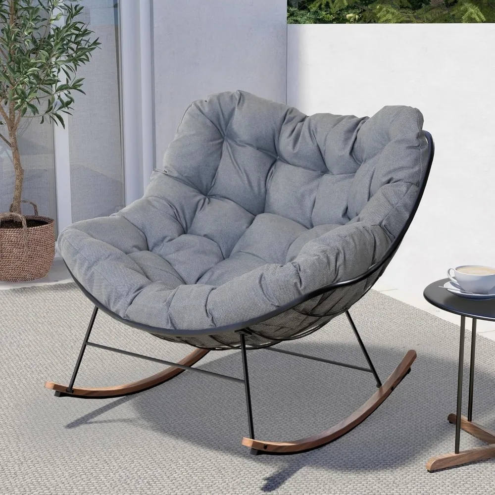 Rocking Chair Outdoor, E-Coated Papasan Rocking Chair with Cushion, Outdoor Oversized Recliner Rocker for Patio Porch