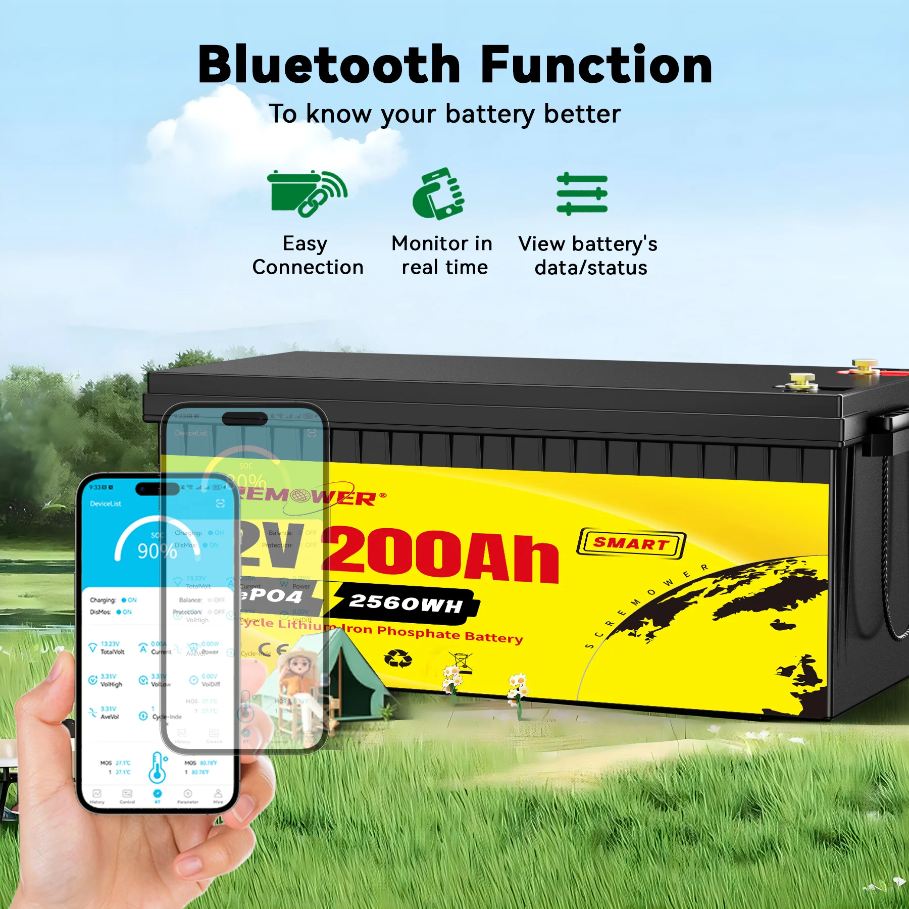 EU Stock 12V 200Ah LiFePO4 Lithium Battery Built in Bluetooth BMS 6000+ Cycles 2560Wh Energy Rechargeable Batteries for Campers